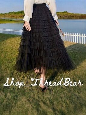 NWT! Black Tiered Tulle Maxi Skirt | Boho Fluffy Layered Petticoat | Large · XL